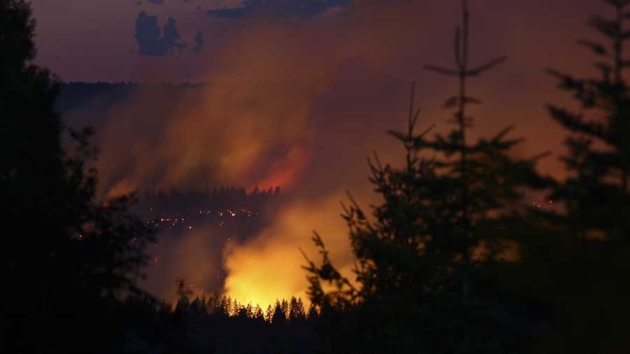 As night fell, bright orange and yellow flames illuminated the forest through the trees in Nevada County. 