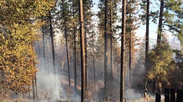 The Oak Fire burning near the town of Columbia in Tuolumne County scorched 100 acres and destroyed at least one home, according to Cal Fire. (Sept. 9, 2015)