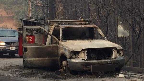 Cal Fire is investigating why one of their trucks was burned on Montgomery Drive as crews battled the Butte Fire. No injuries were reported. (Sept. 11, 2015)
