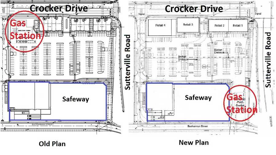 The new proposal relocates the gas station to a spot adjacent to a future Safeway supermarket.