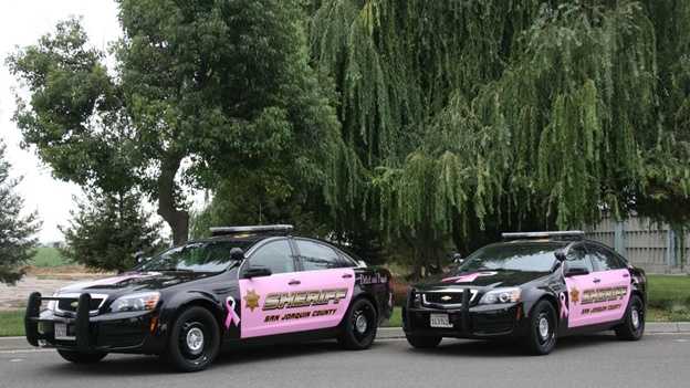 Two San Joaquin County Sheriff's Office patrol cars were wrapped in pink for Breast Cancer Awareness Month.