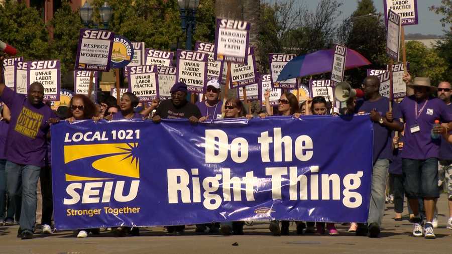 Between 700 to 1,000 Solano County employees went on strike on Wednesday, Oct. 14, 2015, and marched to the county administration building in Fairfield.