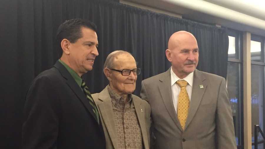 Ernest Tschanne poses for photos at an event Tuesday, Oct. 27, 2015, honoring the 90-year-old philanthropist for his donation to for the Sacramento State arena.