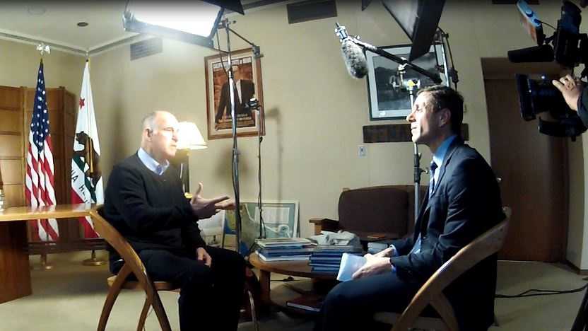 Gov. Jerry Brown discusses his upcoming to trip to Paris with KCRA 3's David Bienick at the State Capitol on Tuesday.