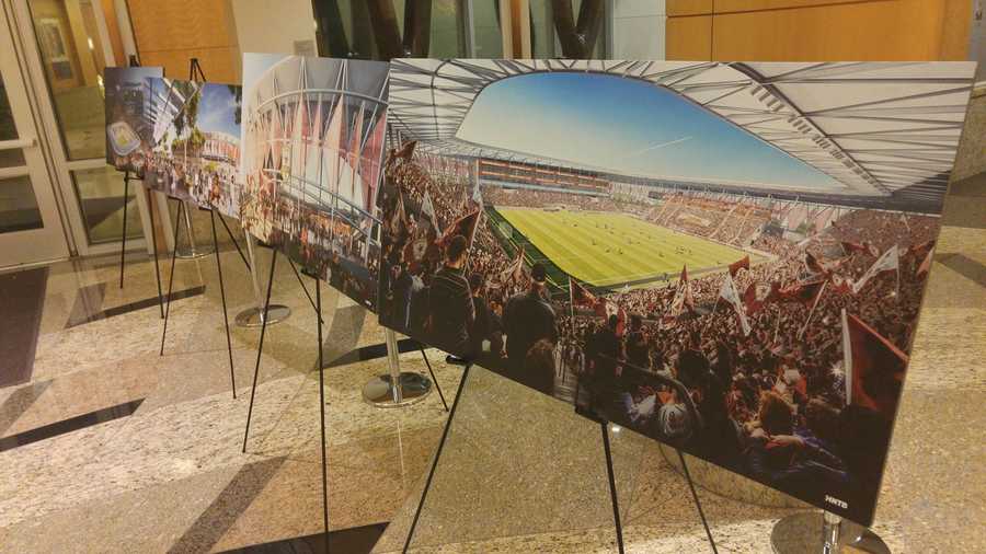 Renderings of a soccer stadium proposed to be built at the downtown Sacramento railyards were displayed on Tuesday, Dec. 1, 2015, at city hall. City council members voted to approve a term sheet for the stadium during its meeting that night.