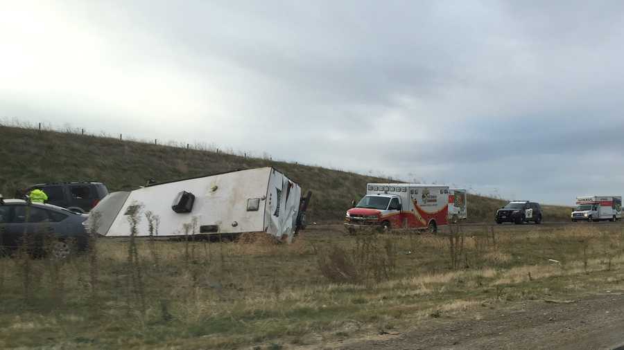 CHP and paramedics at the scene of an overturned RV on I-5 near Patterson Sunday. (Dec. 20, 2015)