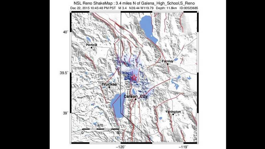 U.S. Geological Survey shakemap shows a magnitude 3.4 earthquake that hit south of Reno, Nev., on Tuesday, Dec. 22, 2015.
