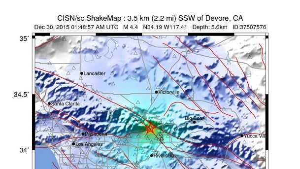 A magnitude-4.4 quake hit in foothills north of San Bernardino on Tuesday, Dec. 29, 2015.