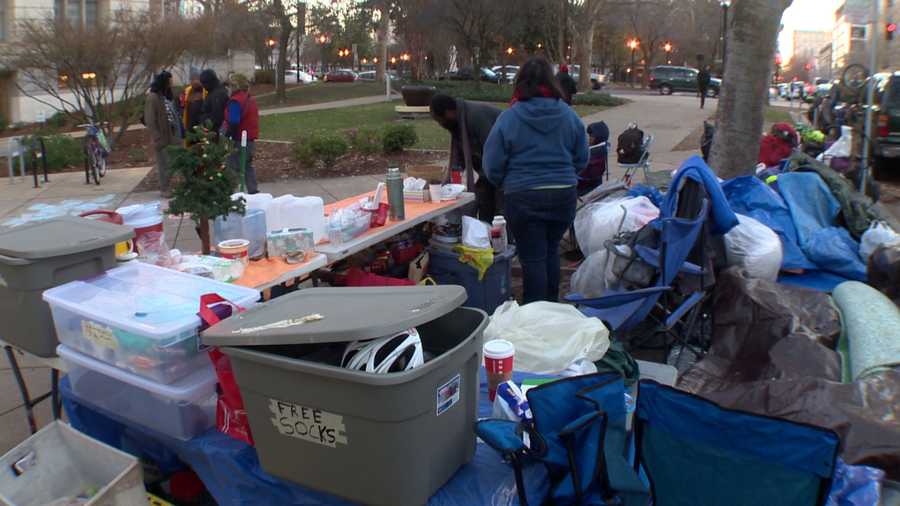 A homeless camp has been outside the Sacramento City Hall for more than 20 days. People at the camp said on Monday, Dec. 28, 2015, they are protesting the city's no camping ordinance.