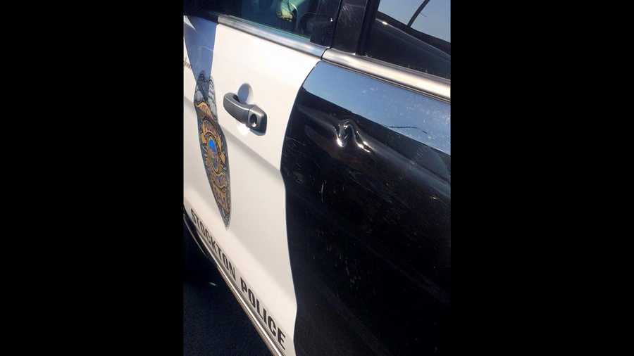 A bullet from celebratory gunfire hit a police patrol car on Friday, Jan. 1, 2016, the Stockton Police Department said.