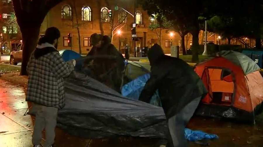 Protesters camp outside Sacramento City Hall in opposition to the city's camping ban. They say the ban targets the city's homeless population.