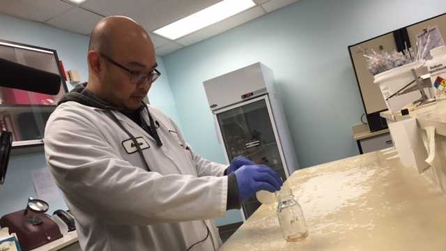 Chemist Andrew Shi demonstrates how the city tests water samples for bacteria.