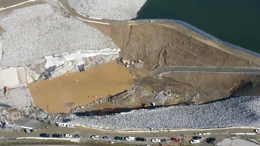 LiveCopter3 flew above a failing dam at Folsom Lake. (Jan. 20, 2016)