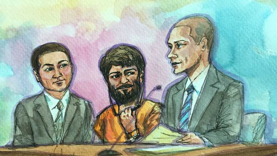 Court room drawing of Mohammed Younis Al-Jayab with his attorneys during his arraignment hearing on Friday, Jan. 22, 2016.