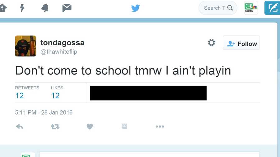 A threat posted on Twitter Thursday, Jan. 28, 2016, by user TheWhiteFlip is under investigation by Elk Grove Unified School District Police. Students believe the tweet targets Franklin High School. The tweet was deleted around 9 p.m. Thursday.