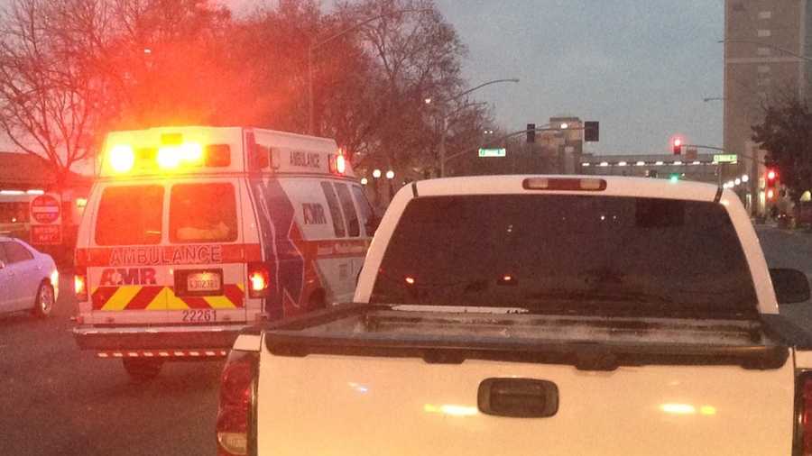 Traffic is blocked at the intersection of I and 9th streets in Modesto on Friday, Jan. 29, 2016, after a man was hit by a car, Modesto police said.