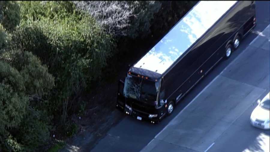 An aerial photo shows the Denver Broncos' tour bus on Monday, Feb. 1, 2016, after a minor crash in Santa Clara.