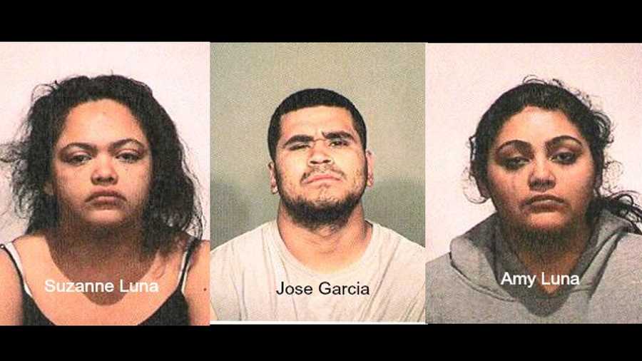 Suzanne Luna (left), Jose Garcia (middle) and Amy Luna (right) were arrested Tuesday, Feb. 2, 2016, in connection to child endangerment, the Ceres Police Department said.