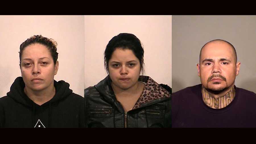 Rosemary Bazan (left), 38, Salyce Bazan (middle), 19, and Manuel Flores (right), 38, were arrested Tuesday on elder abuse charges, police said.