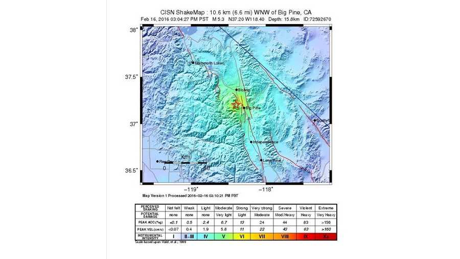 A shakemap from the U.S. Geological Survey of a 4.8-magnitude earthquake that hit near Big Pine, California, on Tuesday, Feb. 16, 2016.