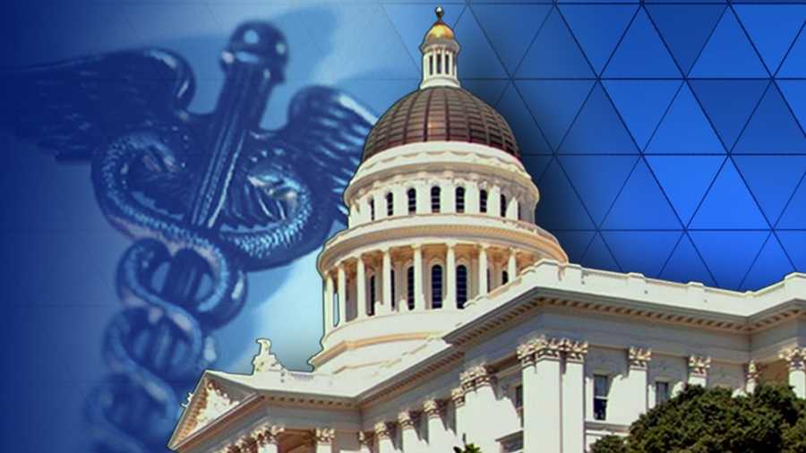 California State Capitol over graphic of a caduceus