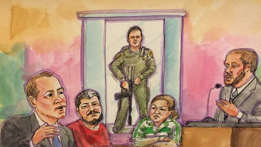 Courtroom drawing shows Luis Bracamontes and Janelle Monroy during the last day of the preliminary hearing on Wednesday, March 30, 2016.