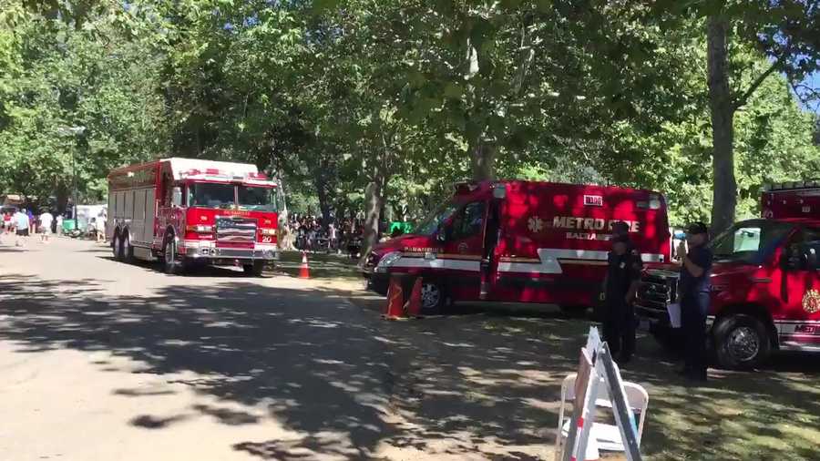 Sacramento Metro and Sacramento City fire crews responded to Discovery Park Sunday, May 15, 2016, after a food booth caught fire.