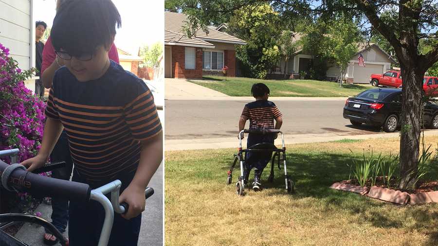 Aiden Sanabria, 11, is reunited with his walker on Friday, June 3, 2016. It was taken Wednesday night and was returned Friday. Aiden said he uses it to manage his cerebral palsy.