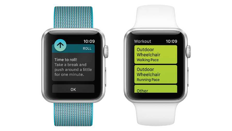 This undated photo provided by Apple shows a demonstration of fitness tracking available to wheelchair users with an upcoming Apple Watch update. Adaptations include prompts to push the wheelchair around instead of standing breaks and the tracking of wheelchair workouts alongside running and cycling.