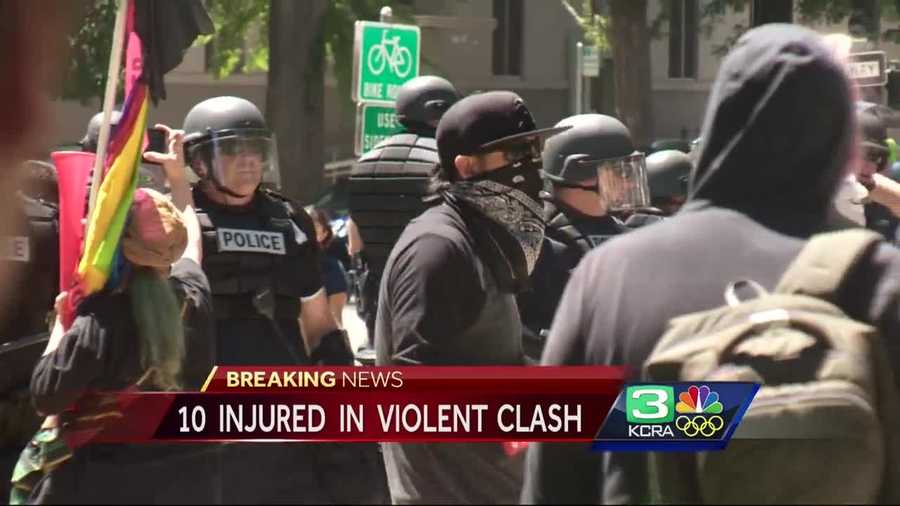 At least 10 people were injured in a violent demonstration Sunday at the State Capitol.