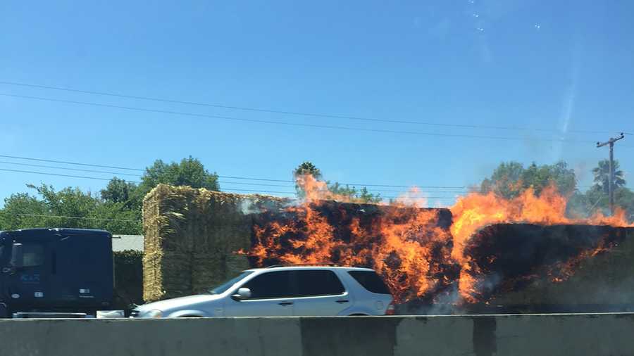 Hay truck fire on southbound Highway 99