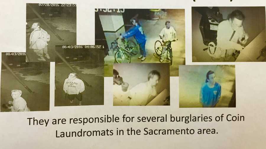 A reward flier shows surveillance photos of several burglary suspects wanted in connection to Sacramento-area laundromat break-ins.