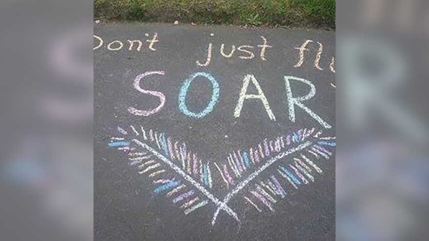 Girl covers her driveway in chalk art to bring joy in uncertain times.