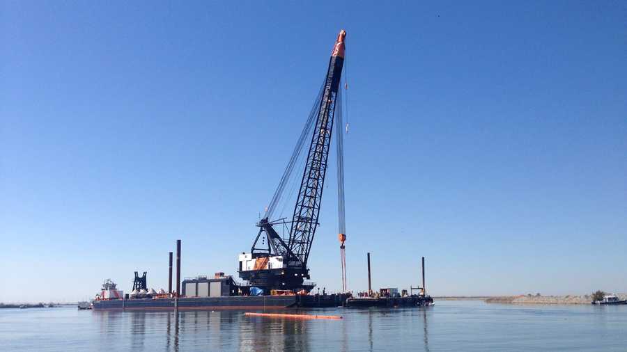 A crane from Seattle was brought to Contra Costa County to help the U.S. Coast Guard remove a sunken paddle wheel boat from the Delta.