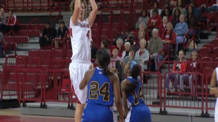 Arkansas forward Sarah Watkins squares up for a jumper against Coppin State