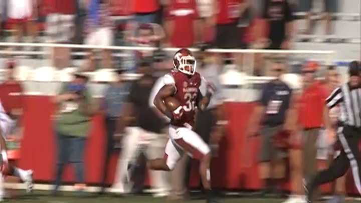 Sophomore running back Jonathan Williams runs for a 75-yard touchdown against Louisiana-Lafayette at Razorback Stadium.