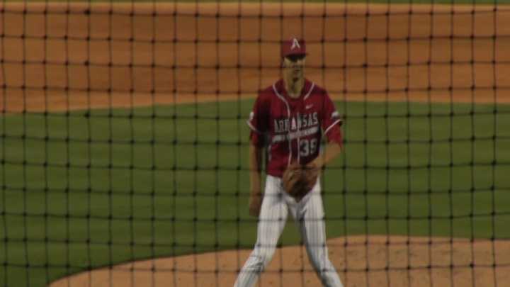 Razorback pitcher Chris Oliver after recording a strikeout to end the inning at Baum Stadium.