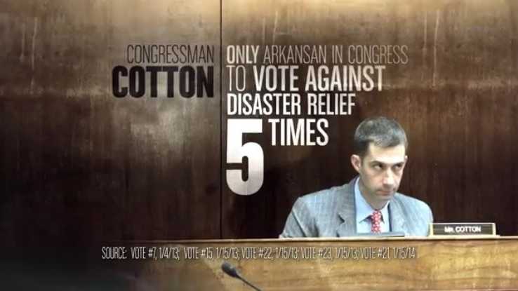 CLAIM: An ad by the liberal group Senate Majority PAC said Rep. Cotton was the only Arkansan in Congress to vote against disaster relief 5 times.