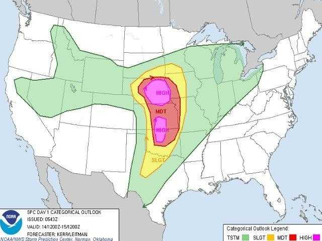 Maps: Probabilities Of Tornadoes/Wind/Hail Today, Tonight