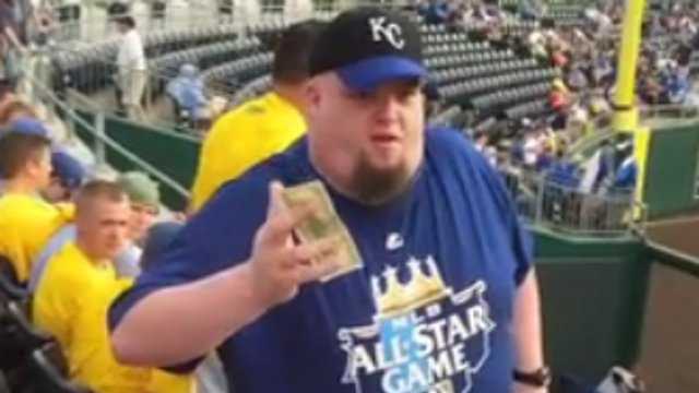 Royals outfielder Jeff Francouer tossed a ball with a $100 bill attached to one lucky fan on Thursday night.