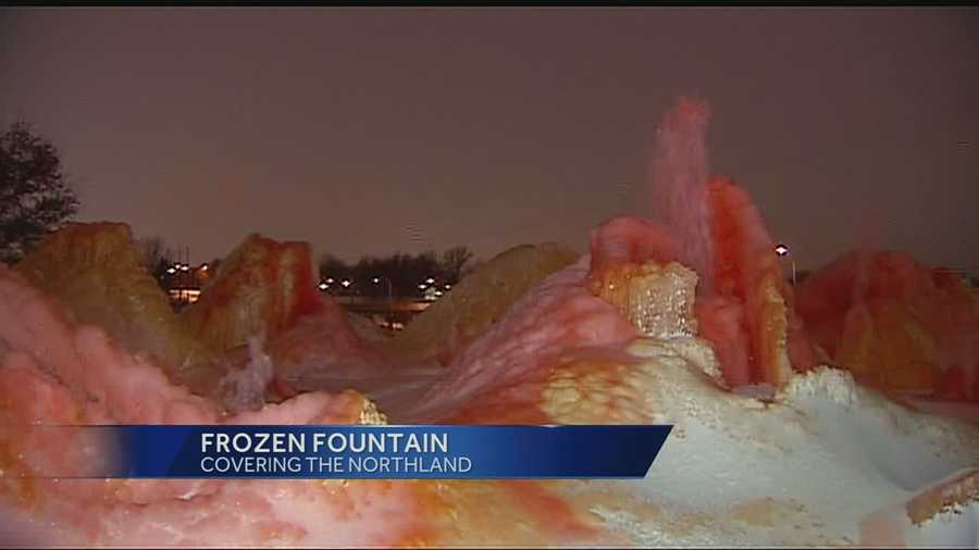The Northland fountain at NE Vivion and North Oak Trafficway was dyed red on Friday in support of the Kansas City Chiefs.  These are images of the frozen fountain.