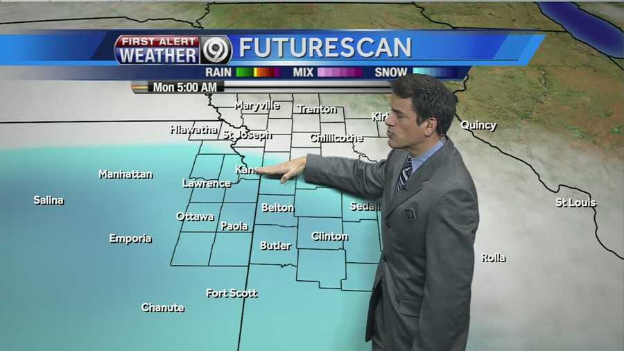 Temperatures will take a big plunge late Sunday night into Monday morning, and some areas from Kansas City to the south may see another round of light snow before morning.
