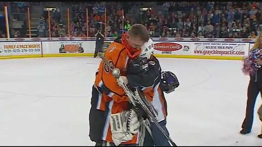 A father who just returned from a deployment to Afghanistan surprised his sons at a Missouri Mavericks hockey game on Saturday night in Independence.