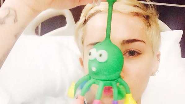 Miley Cyrus in a Kansas City hospital receiving treatment for an allergic reaction to antibiotics.