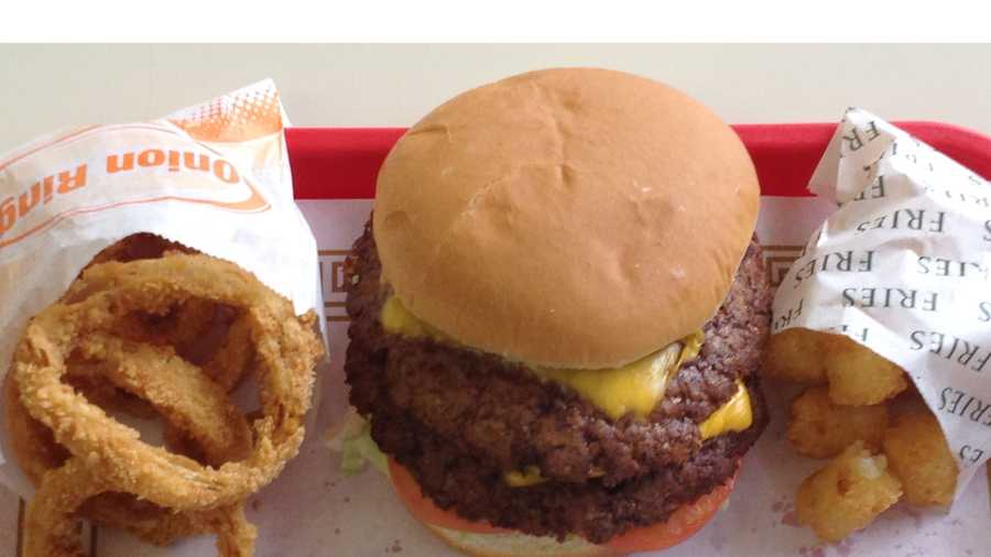 This is the double cheeseburger served up with onion rings and tater tots at Pauls's Drive-In at 10424 Blue Ridge Blvd., Kansas City, Missouri