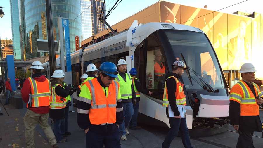 Authorities give Kansas City's streetcar a road test Friday morning. The streetcar was towed along the tracks by another vehicle.