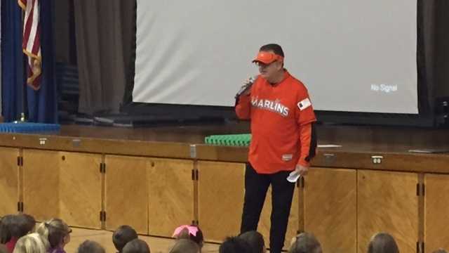 Marlins Man, Laurence Levy, was invited to speak to students at Mill Creek Elementary School on Tuesday.