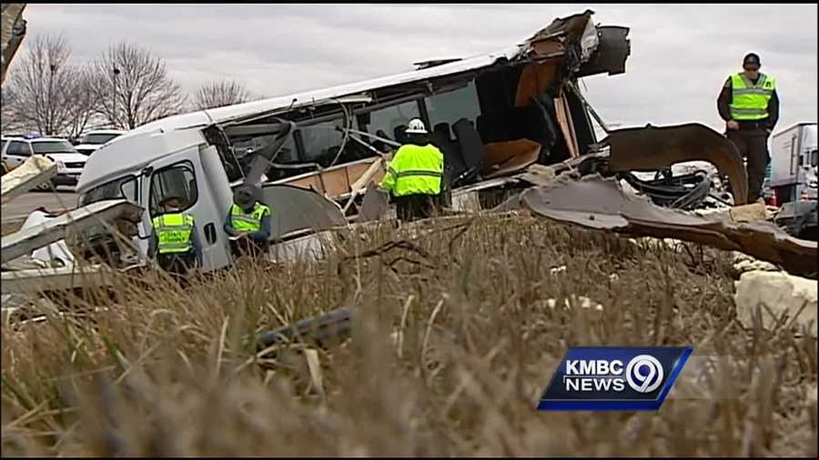 Ten people on a small tour bus were taken to a hospital after the bus was side-swiped on Interstate 70 east of Kansas City.