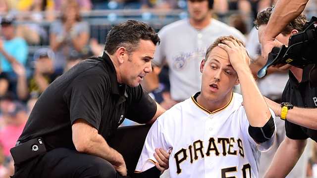 Jameson Taillon of Pittsburgh Pirates hit in head by line drive