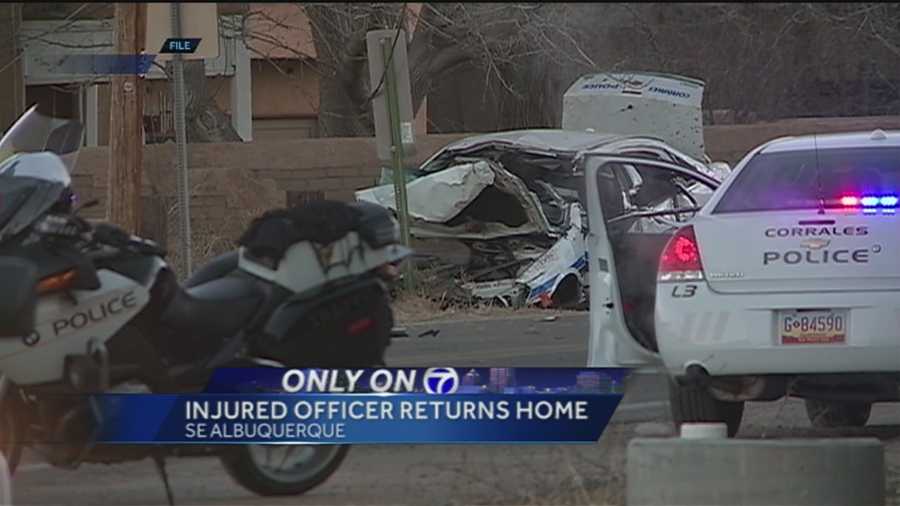 The Corrales officer seriously injured in a crash in January, returned home today.
